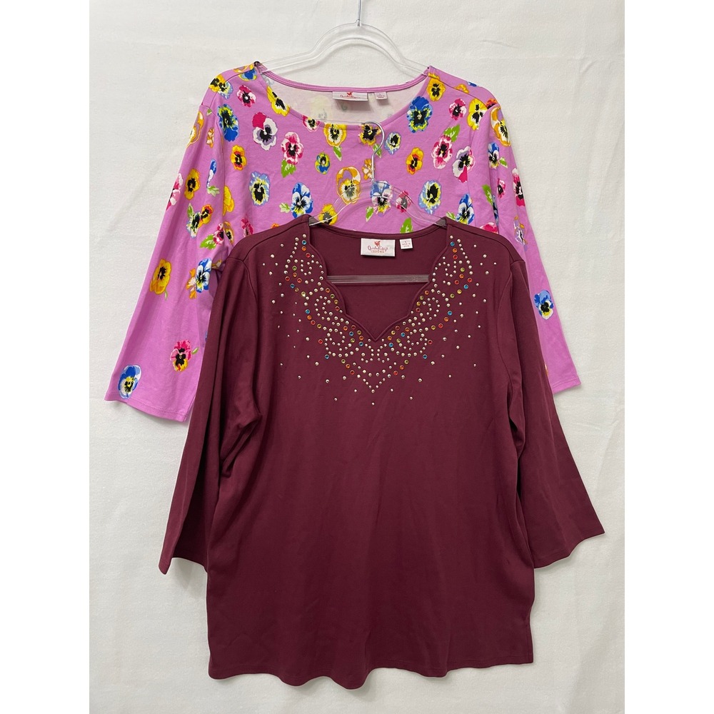 Set of Two Quacker Factory Tops Large Stretch Knit Floral Rhinestone Embellished